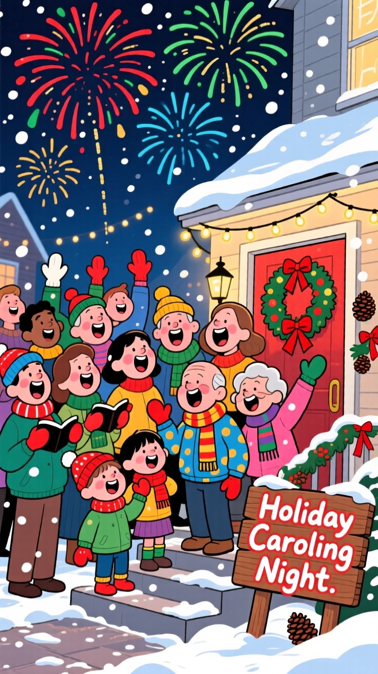 A festive celebration scene of a lively crowd singing carols together on a snowy doorstep, under a sky full of fireworks.