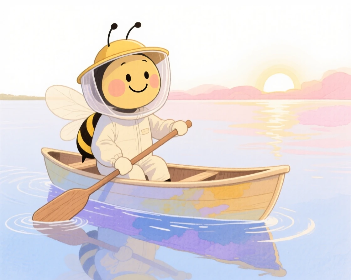 A beekeeper paddling calmly across a glassy lake at sunrise