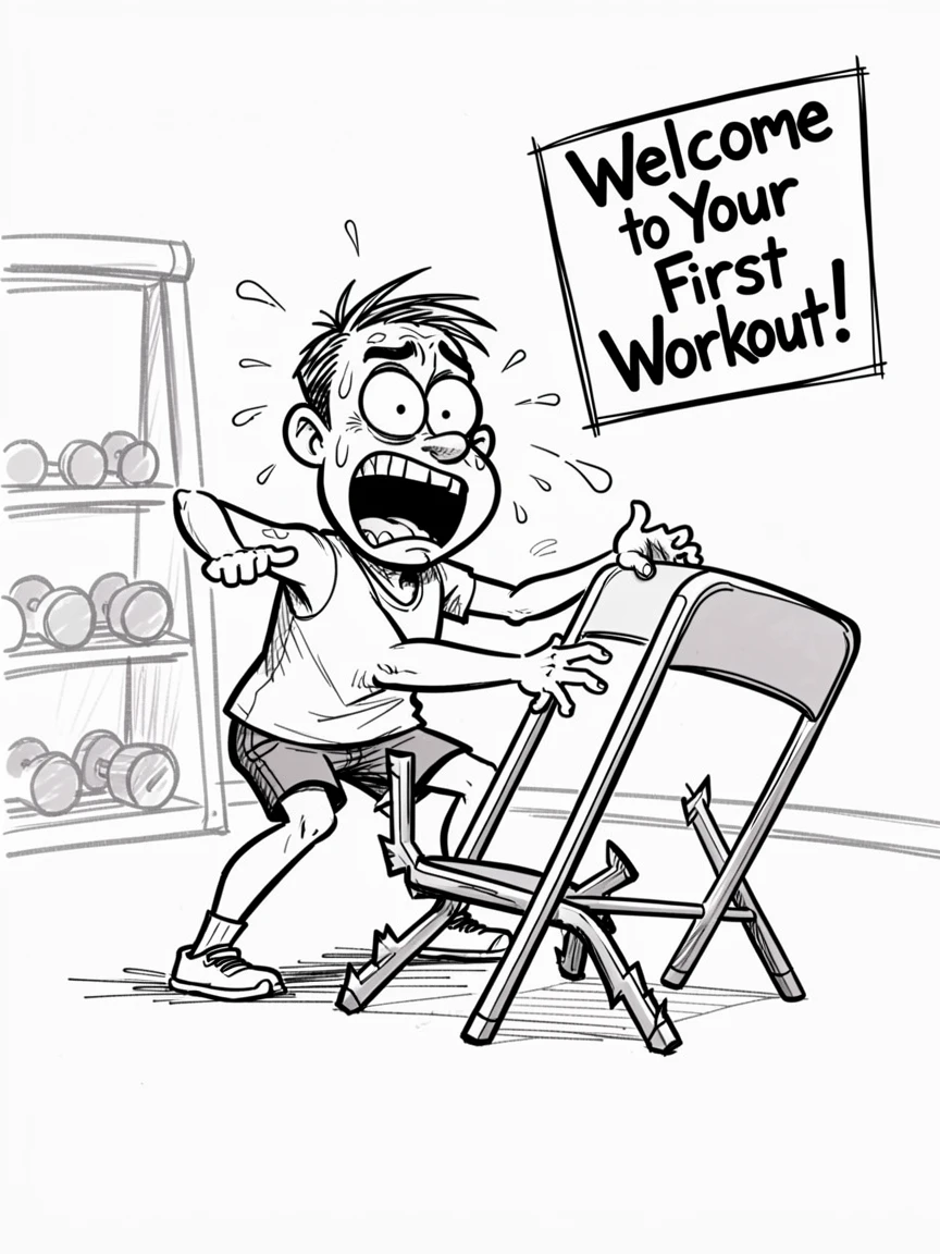 [Funny & Exaggerated Situations] Comical scene of a panicked new gym member wrestling with an uncooperative folding chair, exaggerated for maximum laughs