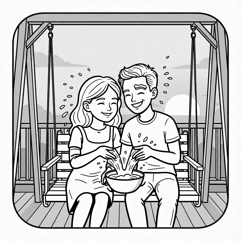 A pair leaning together on a porch swing at sunset, flinging flour at each other mid-recipe, set inside a cozy photo booth. A smear of frosting decorates one eyebrow. There's a tender sweetness beneath all the silliness.