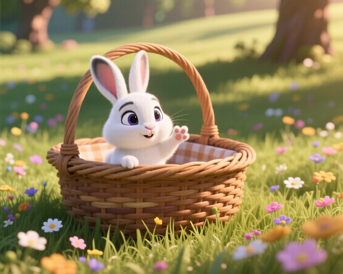 A snow-white bunny is peeking out of a picnic basket, reaching out a tiny paw. Innocent curiosity shines through the moment, with soft shadows framing the scene.