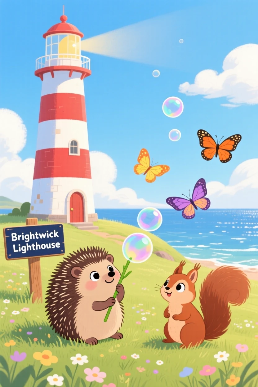 Near a striped lighthouse, a tiny hedgehog is blowing bubbles with a reed alongside a small woodland friend, while butterflies flutter nearby.