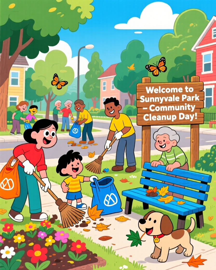 A neighborhood block cleaning up a local park together.