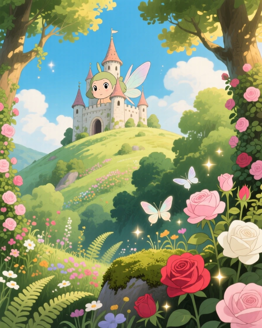 A charming view of a fairy-tale castle perched atop a forested hill, surrounded by climbing roses and untamed gardens.