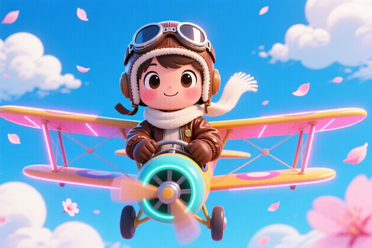 Symmetrical front-on view of a child pilot, steering a biplane through fluffy clouds, in a bright blue sky, as cherry blossom petals drift on the breeze, illuminated by neon-lit glow, radiating proud determination.