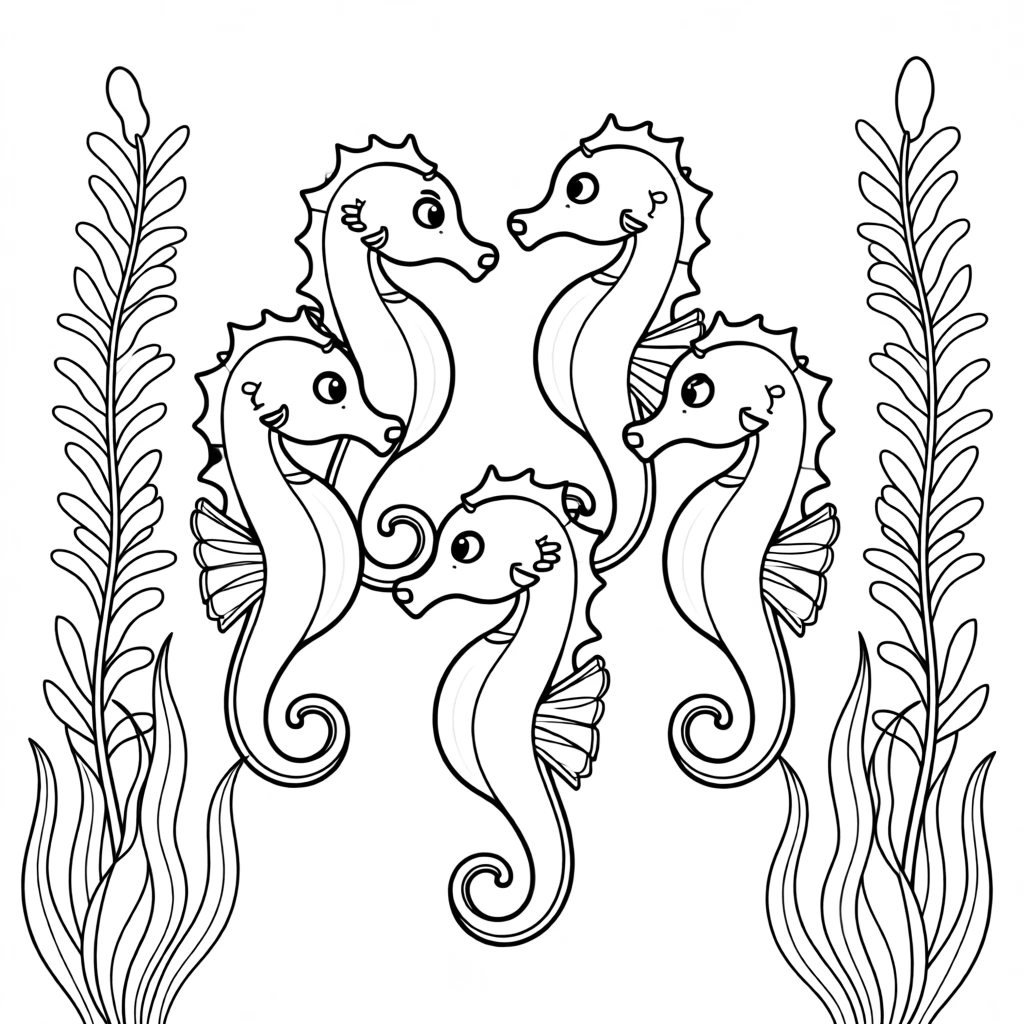 A group of seahorses dancing together in swaying seaweed