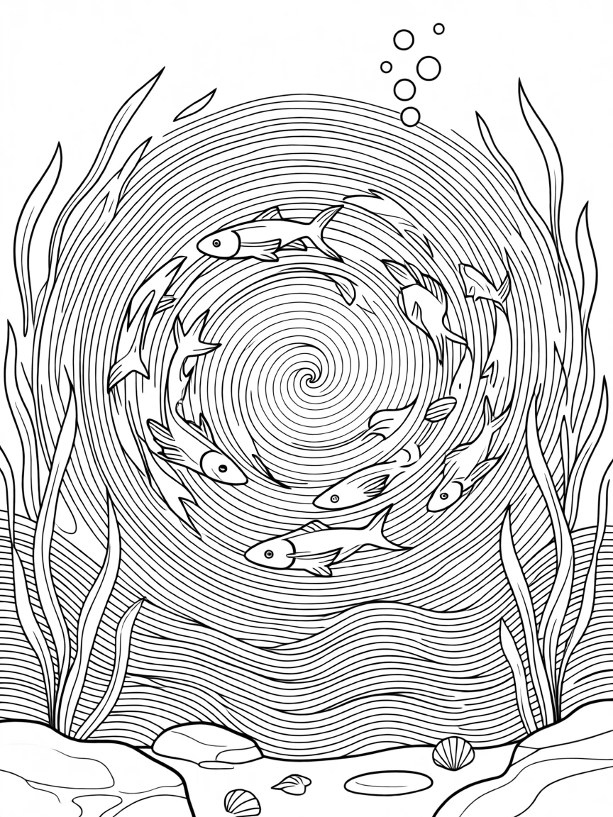 A school of fish swirling in a spiral pattern, with swirling sand and drifting seaweed.