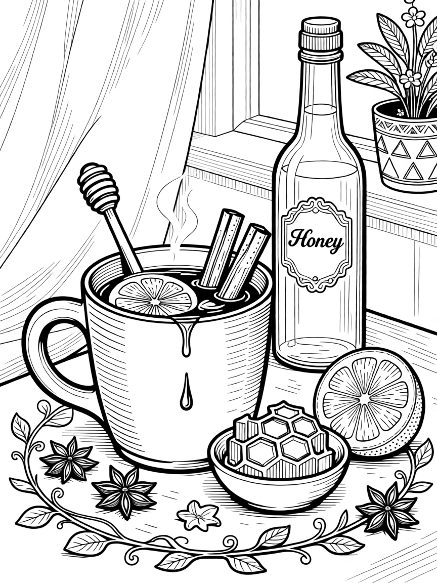 A cozy hot toddy scene with lemon, honey, and cinnamon sticks.