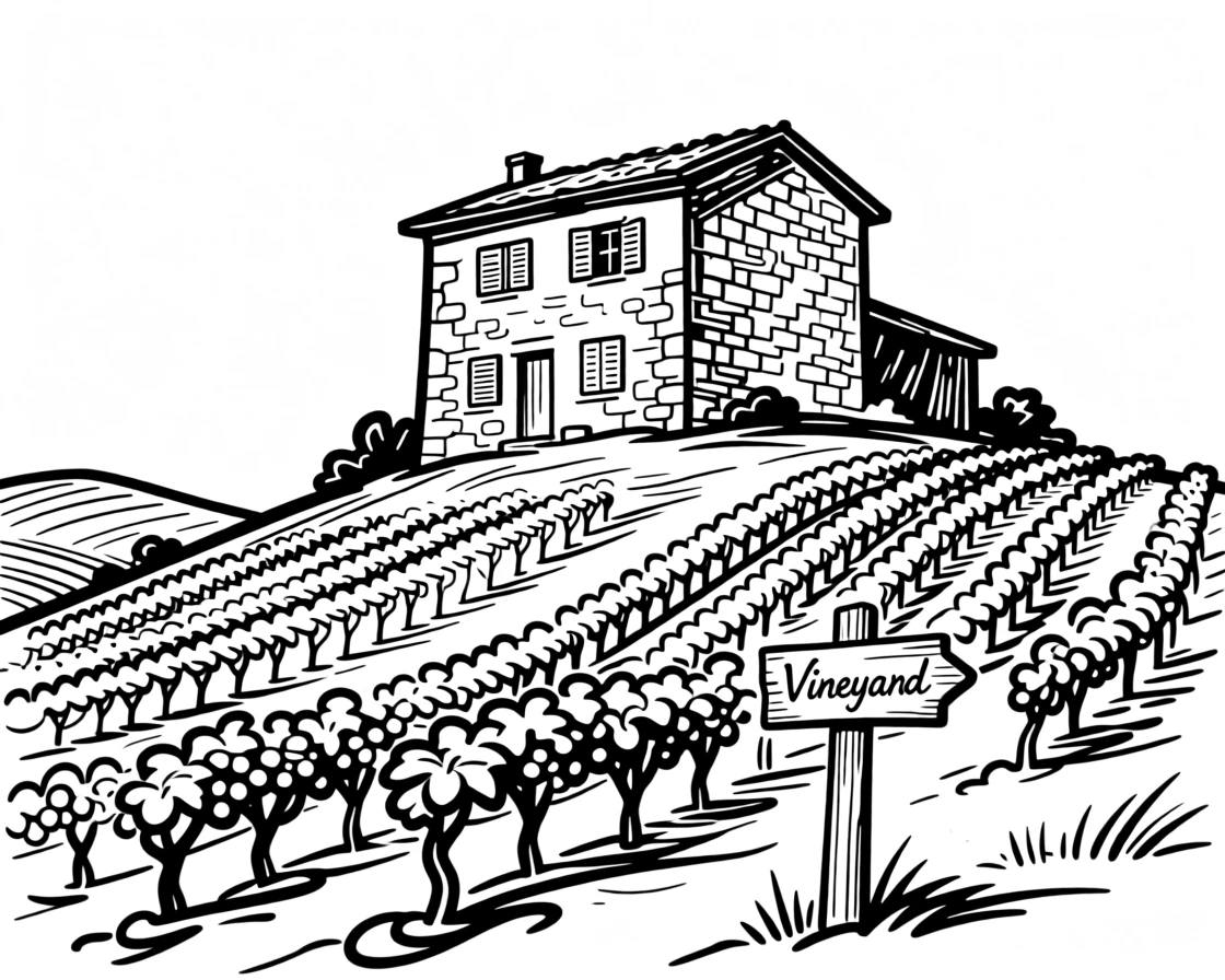 A rustic vineyard estate with a stone villa overlooking rolling hills.