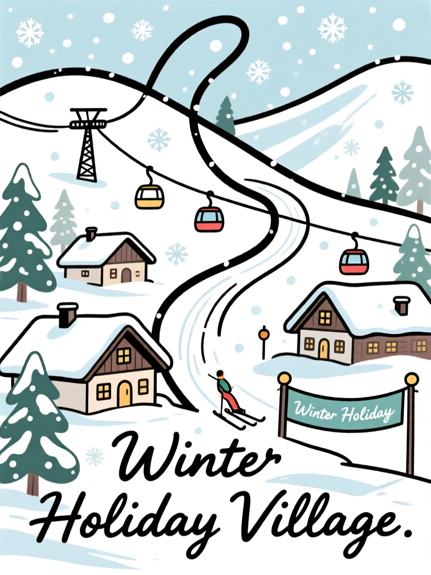 A snowy ski resort village decorated for the winter holidays.