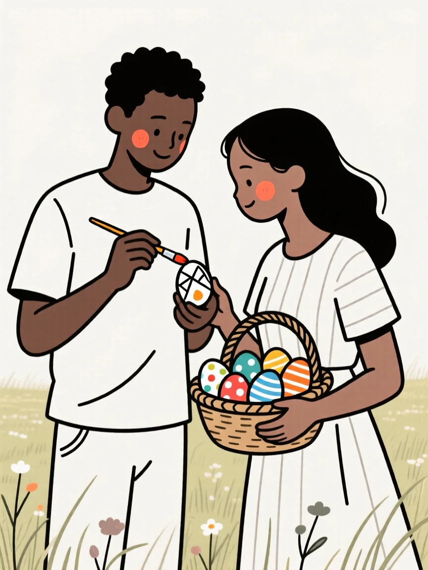 A young couple of Ethiopian heritage decorating eggs for Easter, in a sunlit meadow.