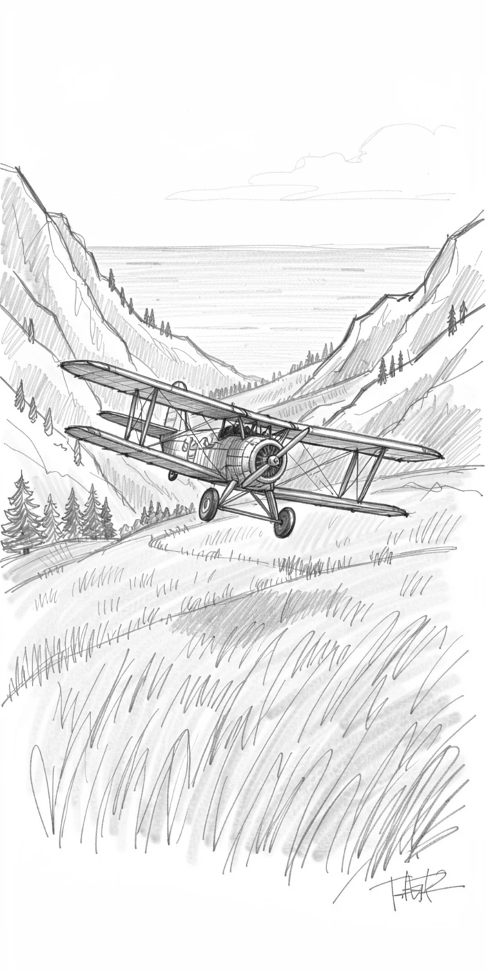 A vintage biplane flying over golden fields, at a scenic mountain pass, with the ocean stretching out beyond.
