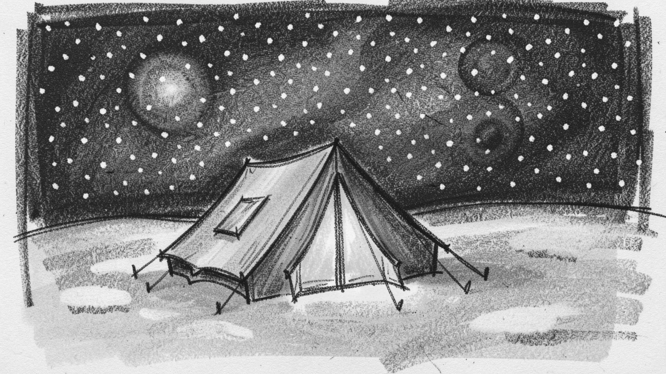 A camper's tent glowing warmly beneath a starry sky, under a soft blanket of falling snow.