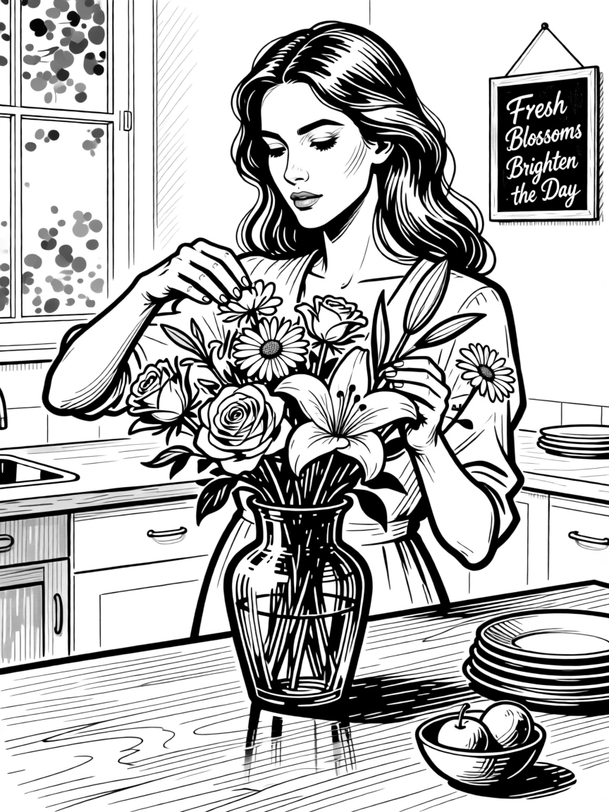 A woman arranging fresh flowers in a vase on her kitchen counter.