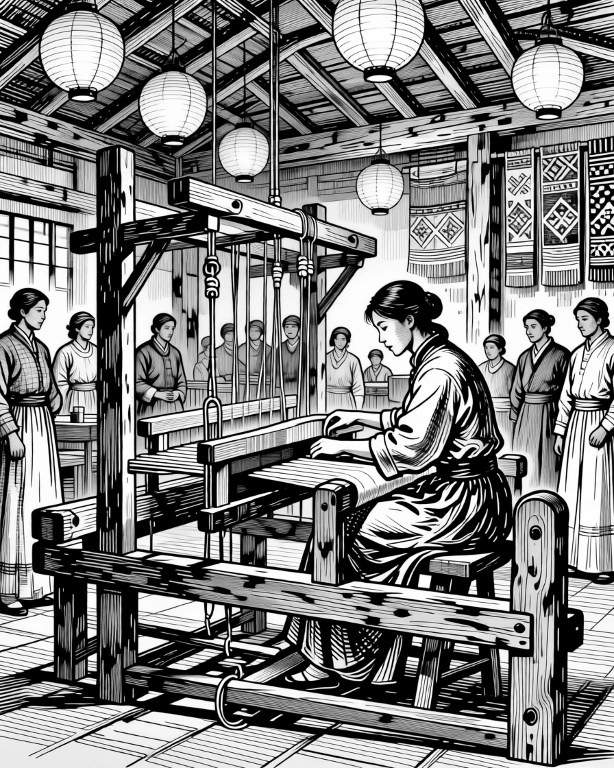 A weaver working at a large traditional loom as lanterns begin to glow in the evening light, with a sense of ceremony in every gesture, portrayed in a warmly communal historical scene.