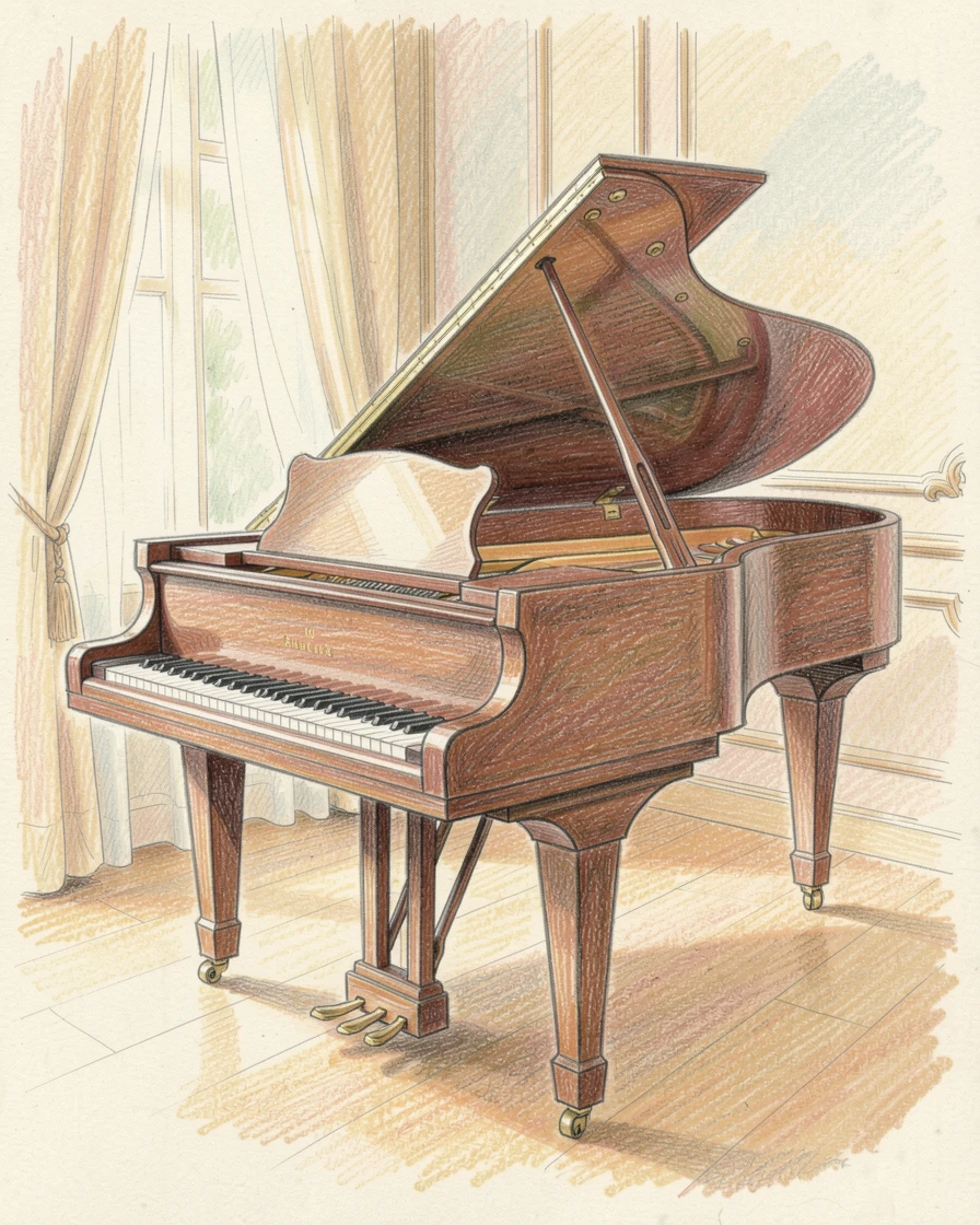 A grand piano bathed in soft light inside an elegant music room, set against a softly lit, atmospheric backdrop, celebrating a moment people would love to revisit.