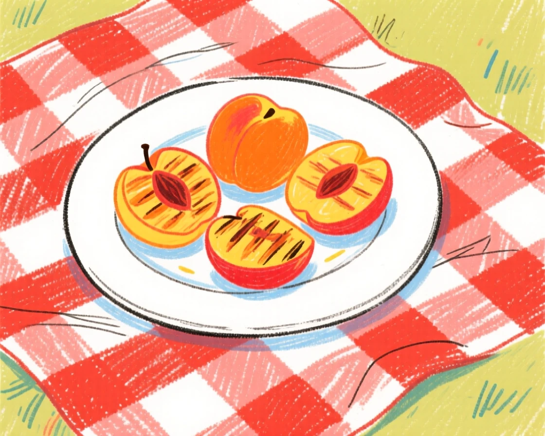 A plate of grilled peaches resting on a checkered picnic blanket.