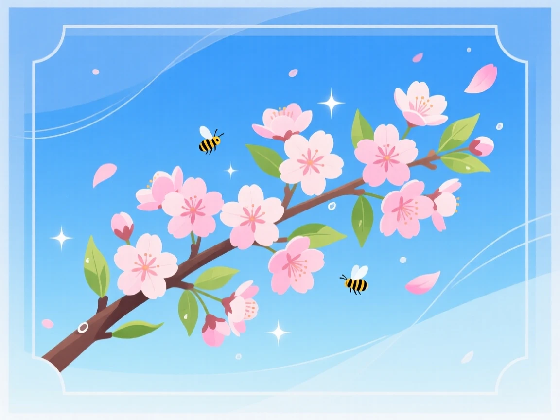 A cherry blossom branch in full spring bloom against a blue sky, surrounded by the fresh atmosphere of the changing season, framed to highlight the freshness of the season, with charming small details that evoke the season perfectly.