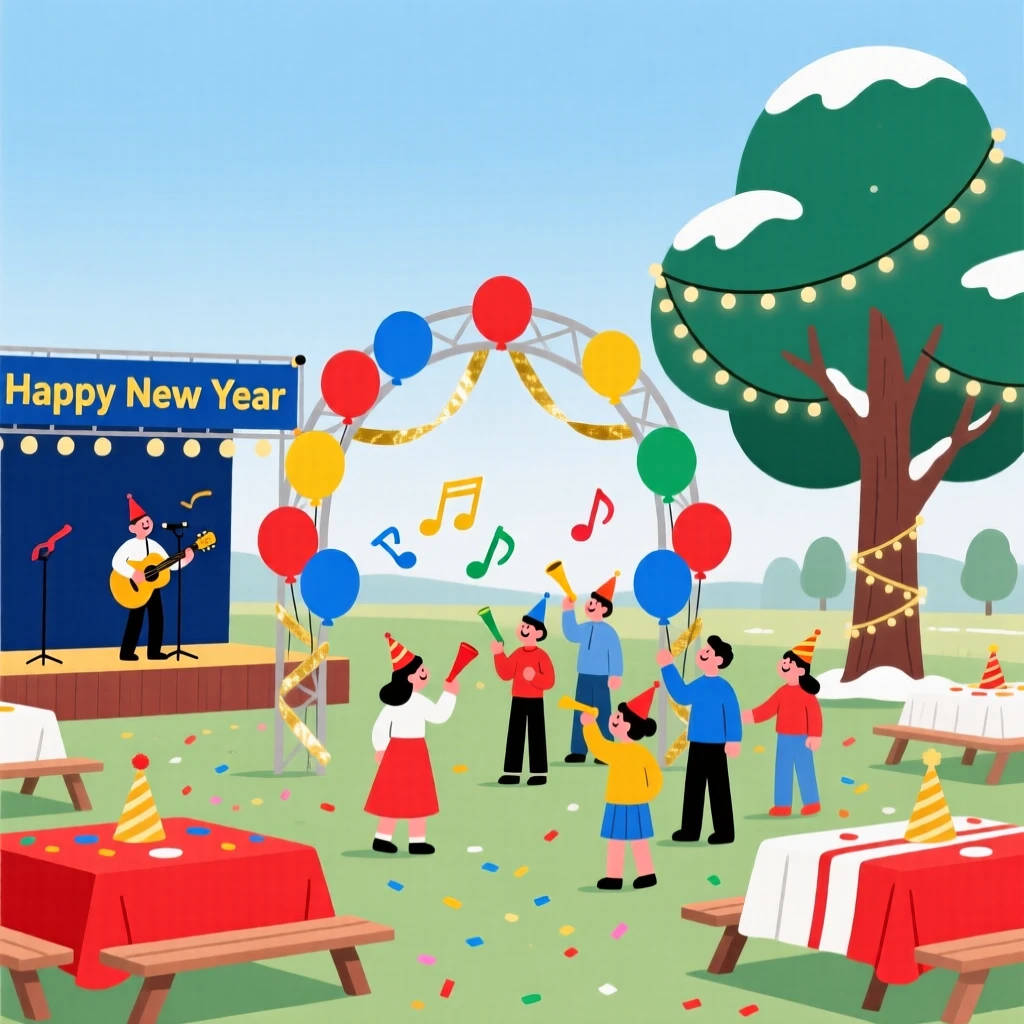 A New Year celebration with colorful decorations filling a community park.