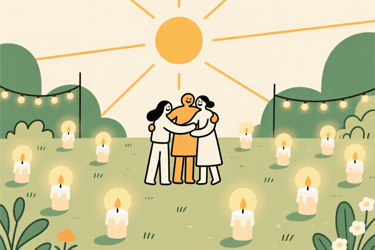 A joyful festival of lights taking place in a sunny garden, decorated with glowing candles, full of warm togetherness.