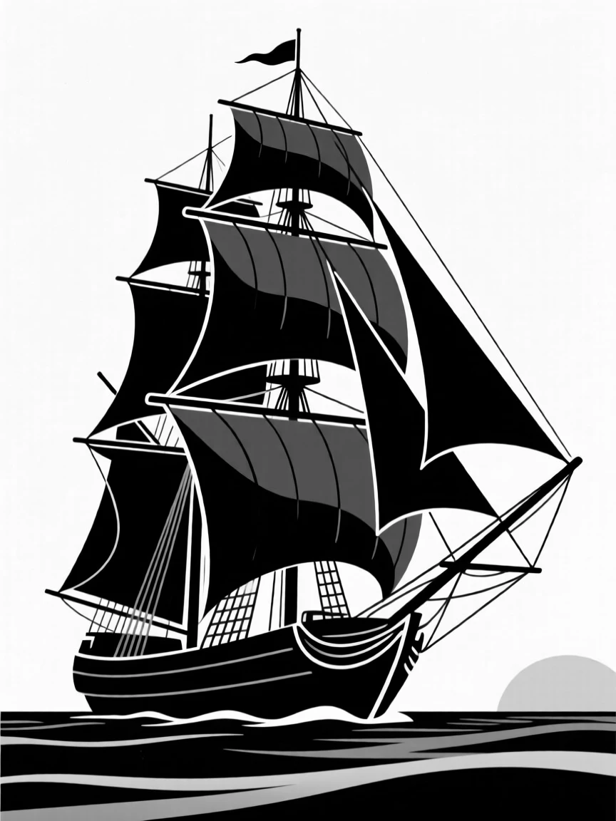 A tall ship sailing under full canvas at sunset.