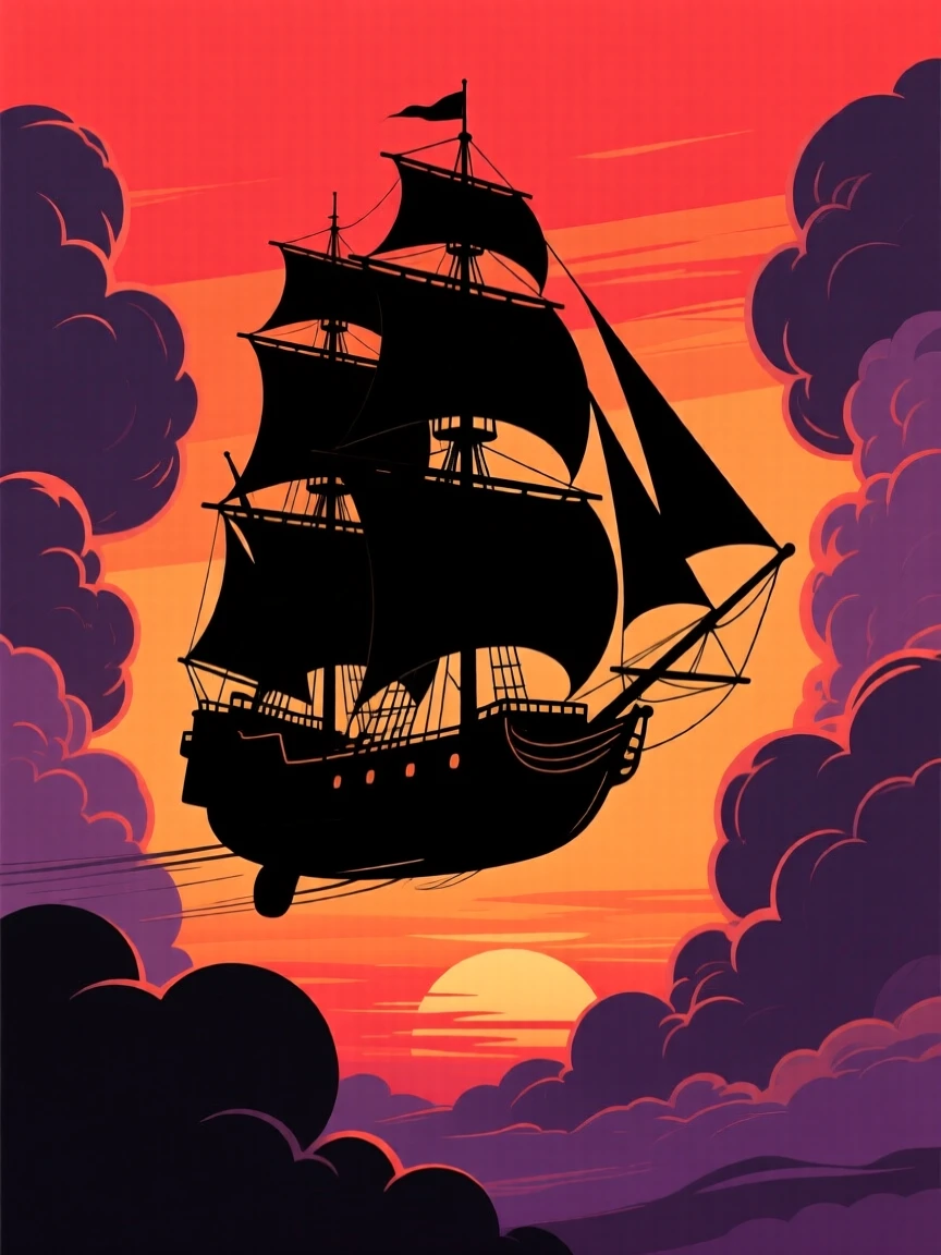 A flying ship gliding silently between towering cloud formations.