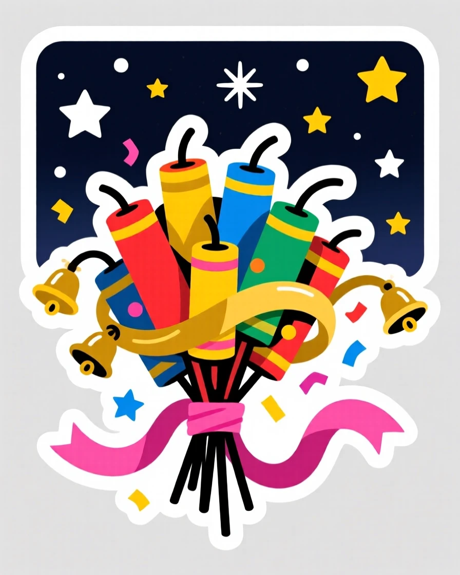 A brightly colored bundle of firecrackers for a festive celebration, decorated with ribbons and small ornaments, under a sky full of stars on a special night.
