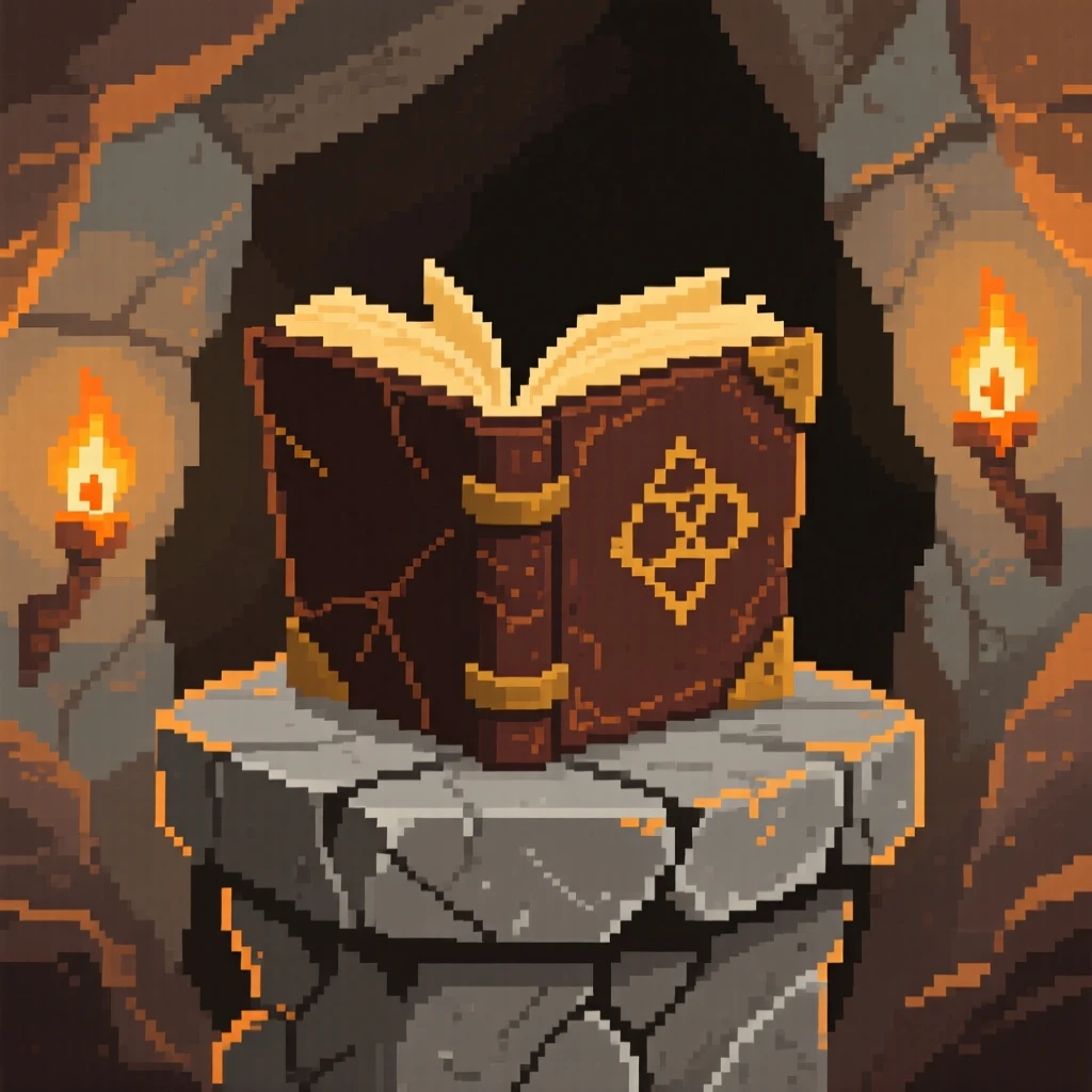 A spellbook bound in worn leather placed on a stone pedestal in a ruin, within a cave lit by torchlight.