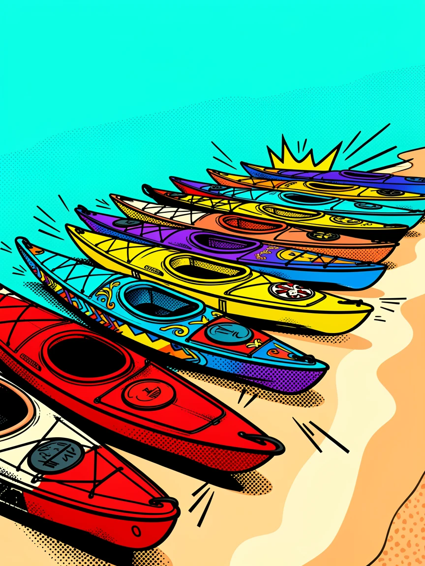 A row of elaborate kayaks lined up on a sandy riverbank