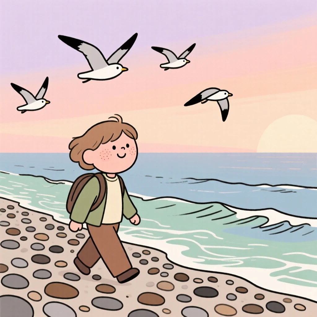 Waves roll gently onto a stretch of pebbled shore where a lone traveler walk along the shoreline, watching the sunset together as seagulls glide overhead.