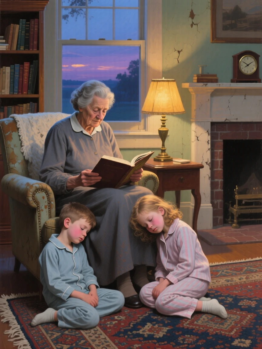 A balanced composition of a grandmother reading a bedtime story to two sleepy children, in the 1950s, in the pale light of early evening.