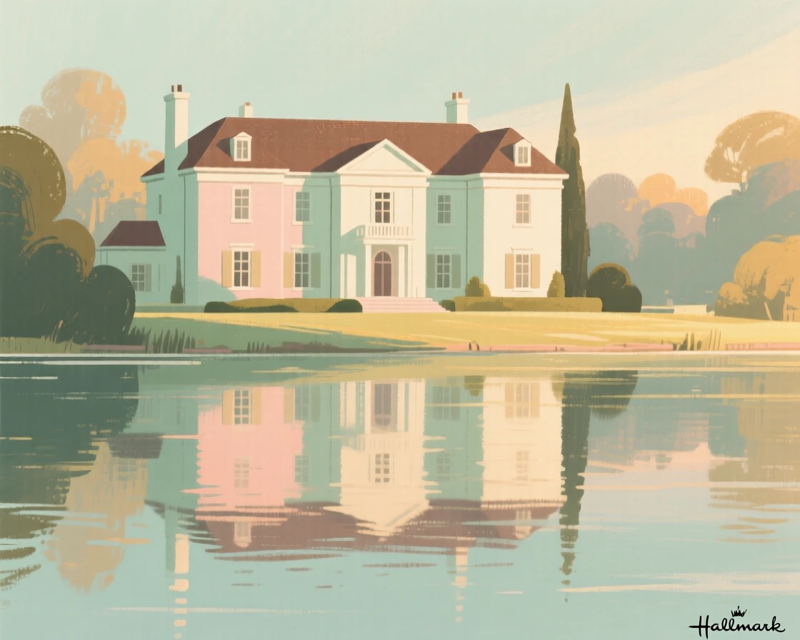A grand estate house viewed across a lake of still water