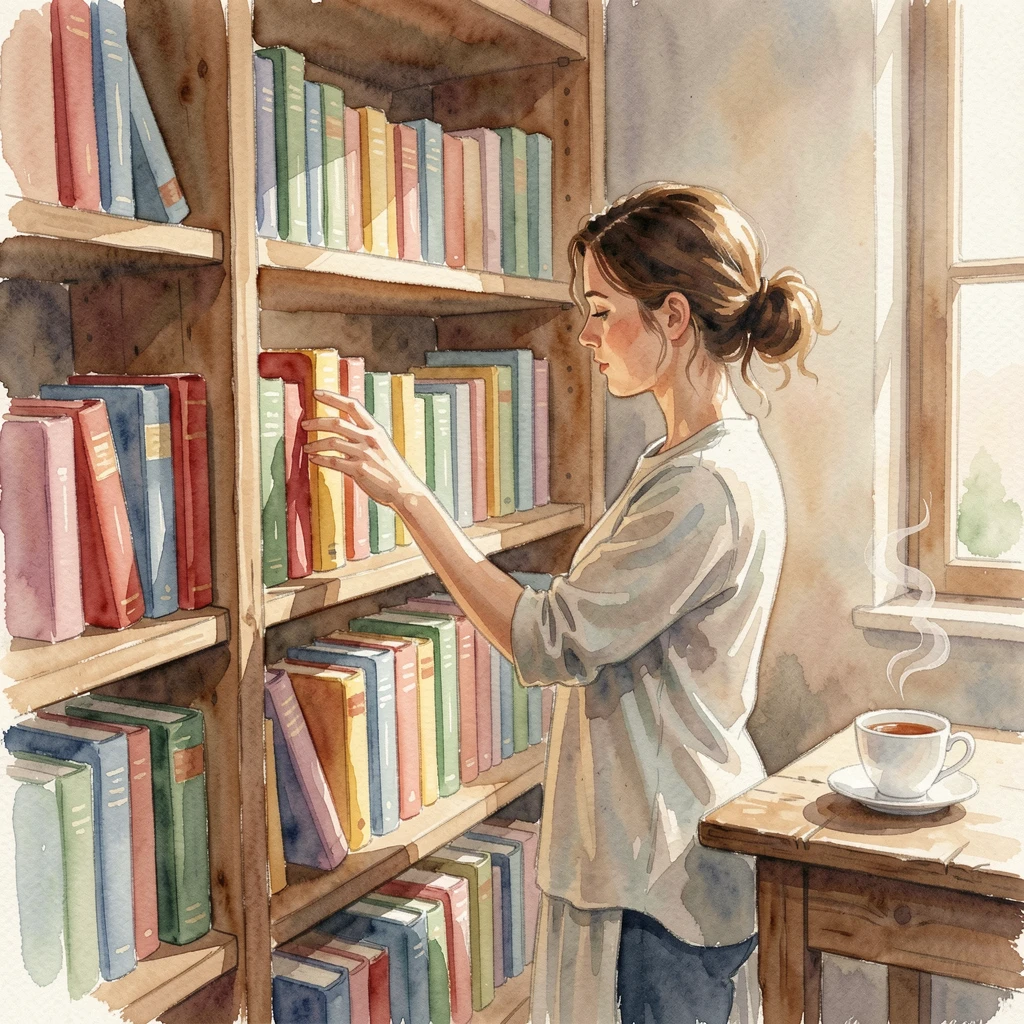 A woman arranging a bookshelf filled with colorful spines with a warm cup of tea nearby.