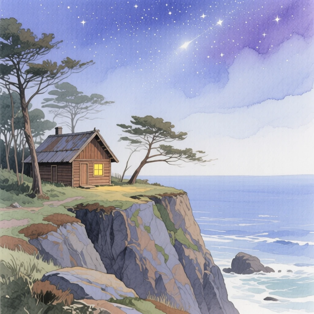 A breathtaking view of a windswept coastal cliff under a canopy of stars, with a rustic cabin tucked among the trees