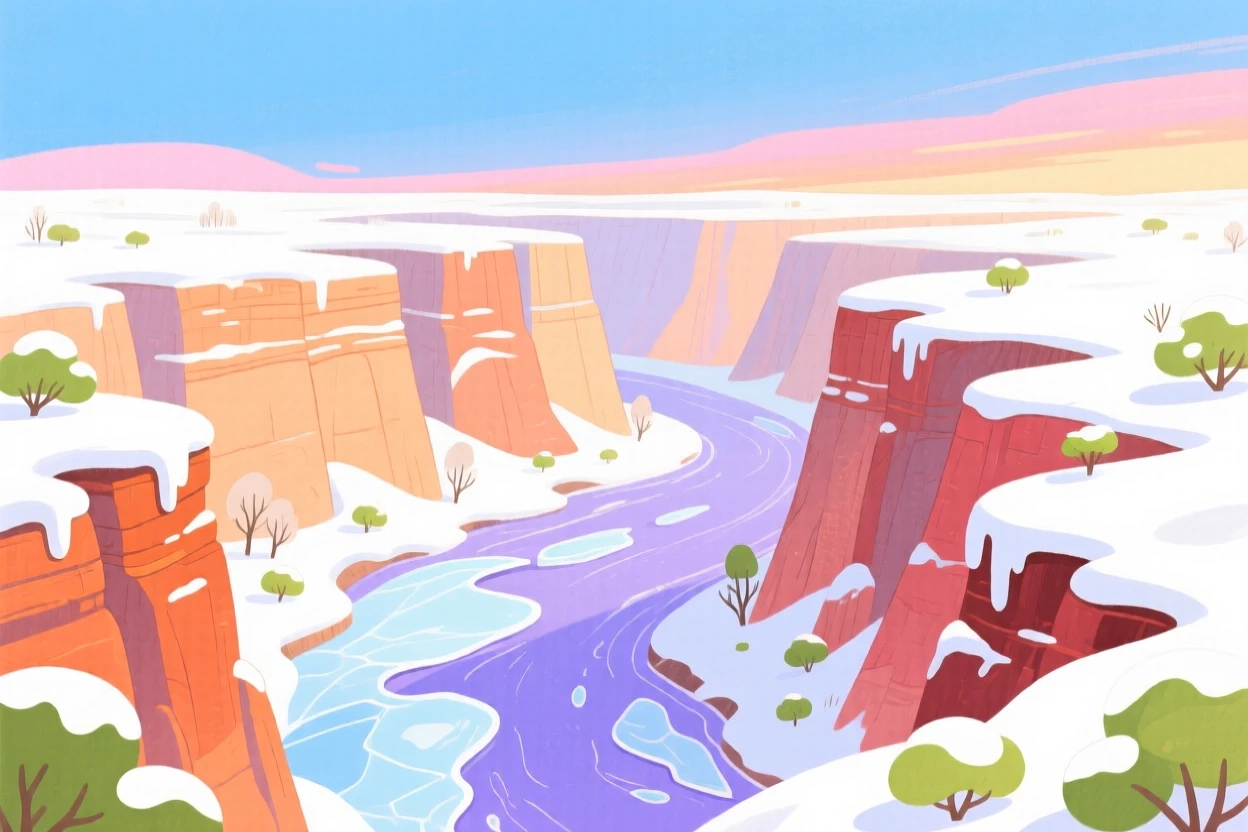 A panoramic scene of a canyon carved by an ancient river under a blanket of winter snow.