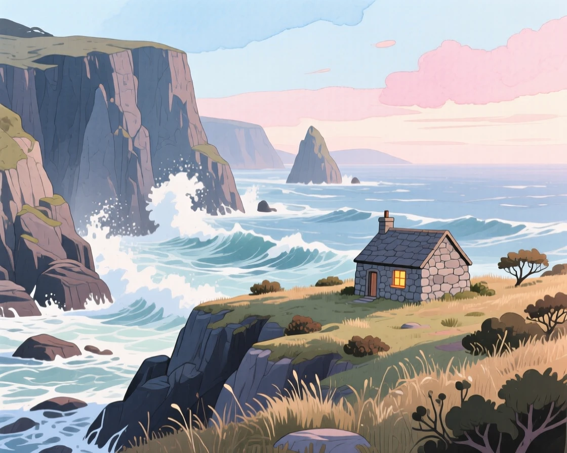 A dramatic coastline with cliffs meeting crashing waves, with a small stone cottage nestled in the distance, capturing the breathtaking beauty of untouched nature.