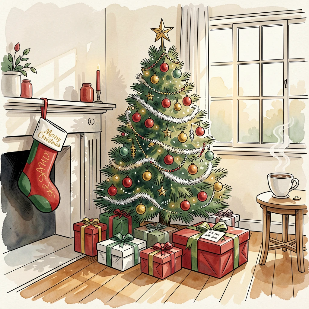 A festive Christmas morning scene with presents beneath a decorated tree, soft light and seasonal color bringing the moment to life.