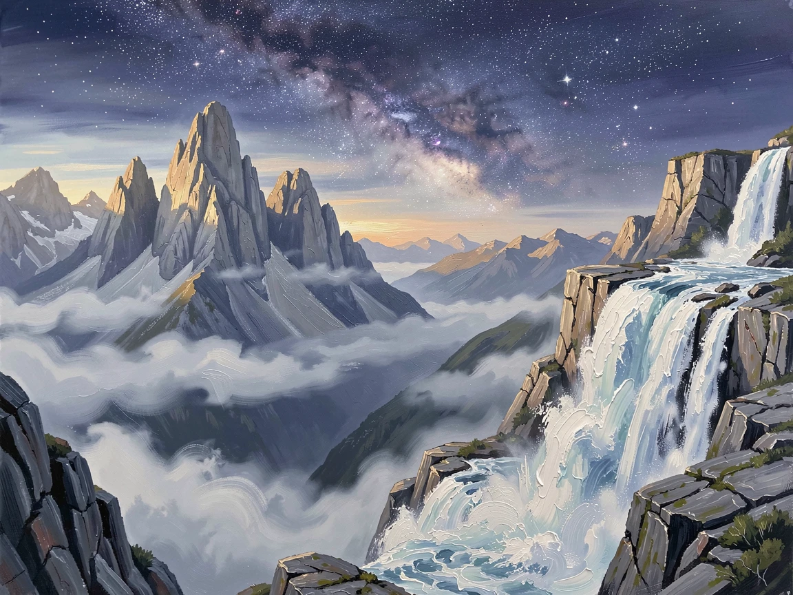 A chain of mist-wrapped summits, morning mist pooling in the valley far below, beside a thundering waterfall fed by melting snow, under a sky full of stars with the Milky Way stretching overhead.