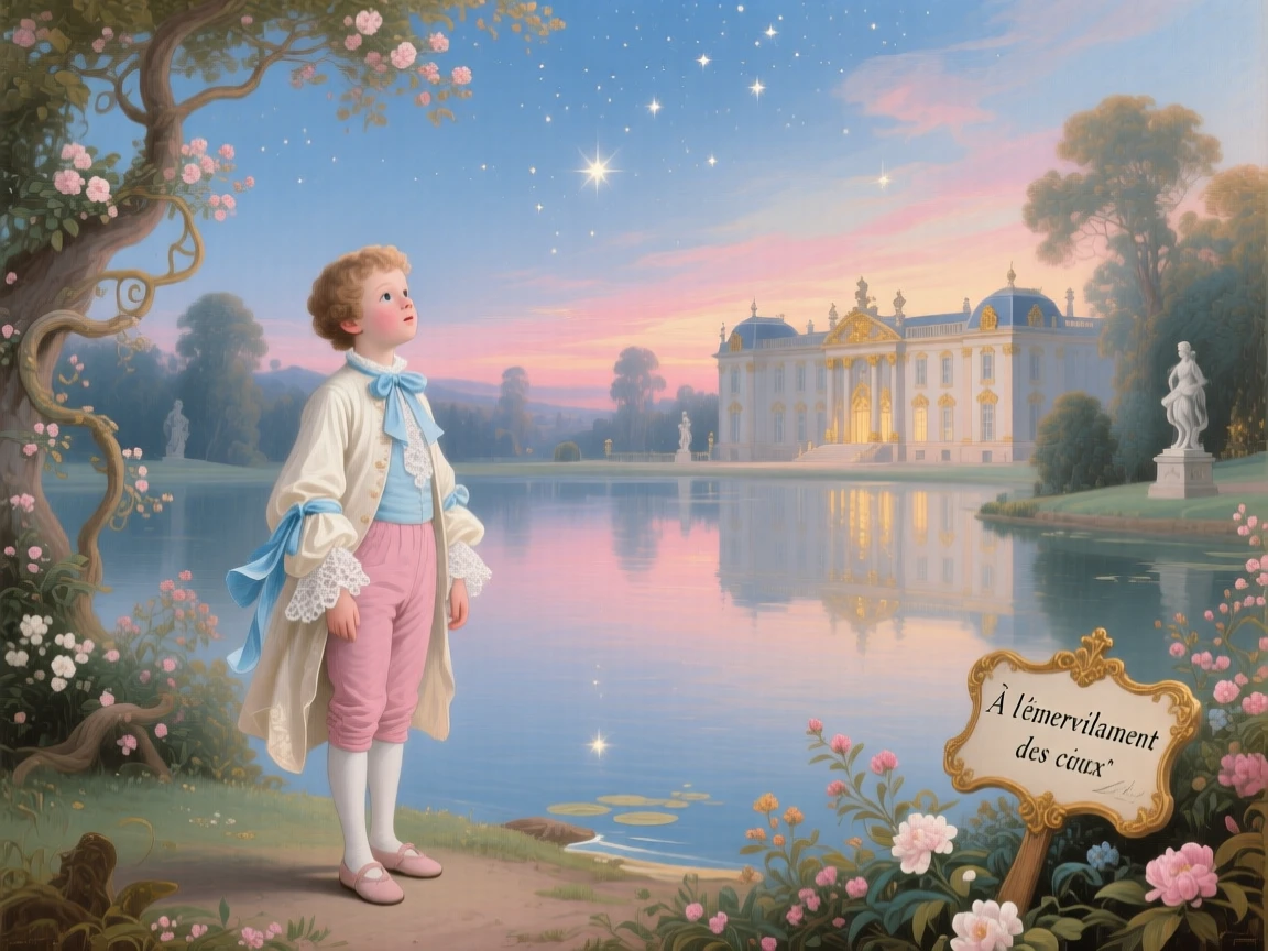 A young boy representing wonder, watching stars emerge above a palace lake  