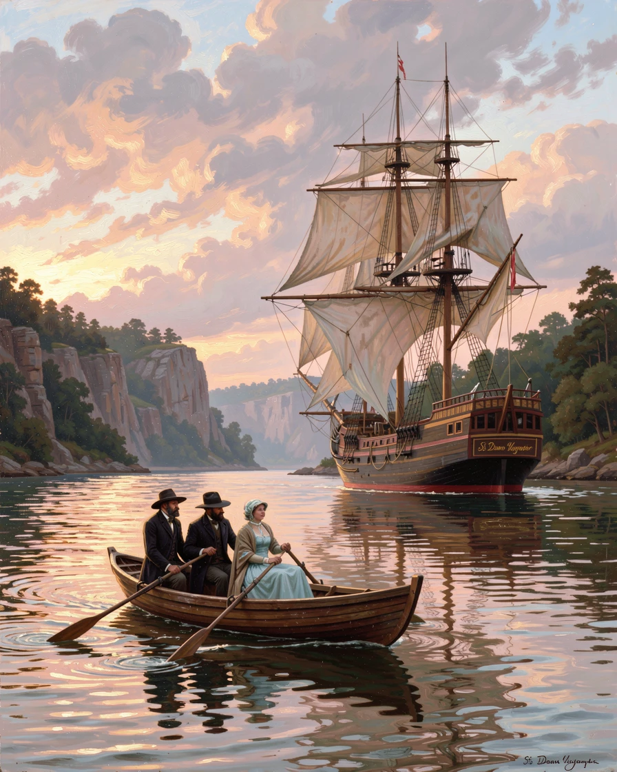 A rowboat ferries passengers out to a ship anchored offshore.
