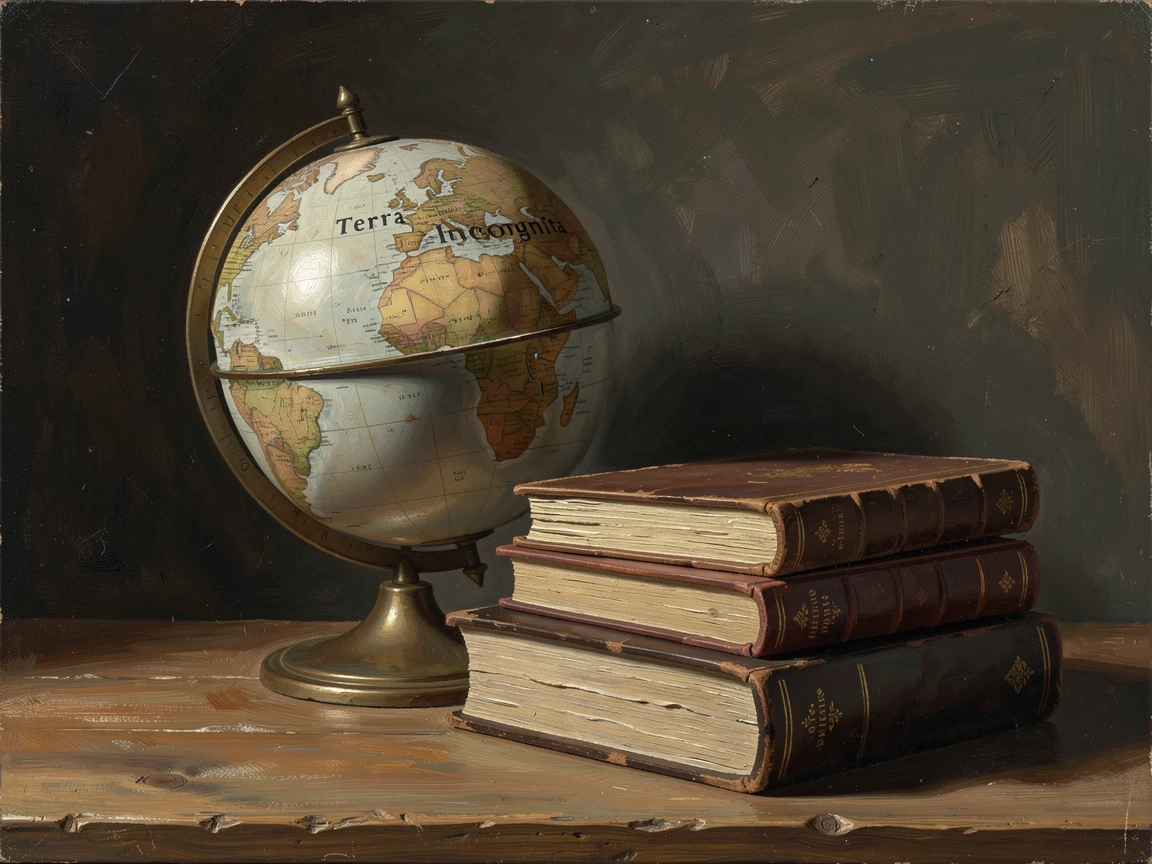 A vintage globe illuminated softly beside a stack of travel journals, with a timeless, refined composition throughout, designed as a sophisticated piece for upscale interior decor