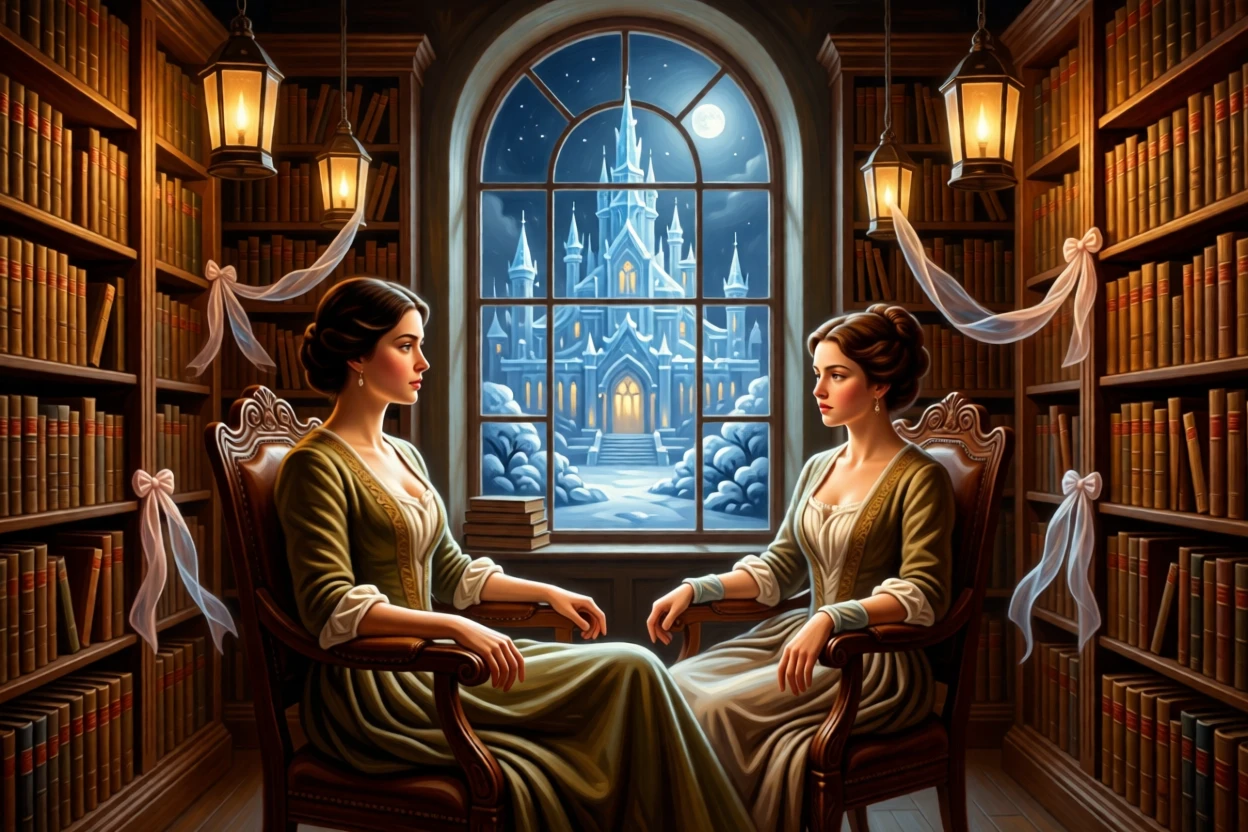 The Snow Queen's palace glittering with ice beneath a pale moon in a scene familiar yet freshly reimagined, set within a cozy library filled with worn, beloved books, with lanterns swaying gently and silk ribbons catching the breeze; foreground props hint at the tale without overwhelming the central figure, suggesting the enduring power of myth and memory.