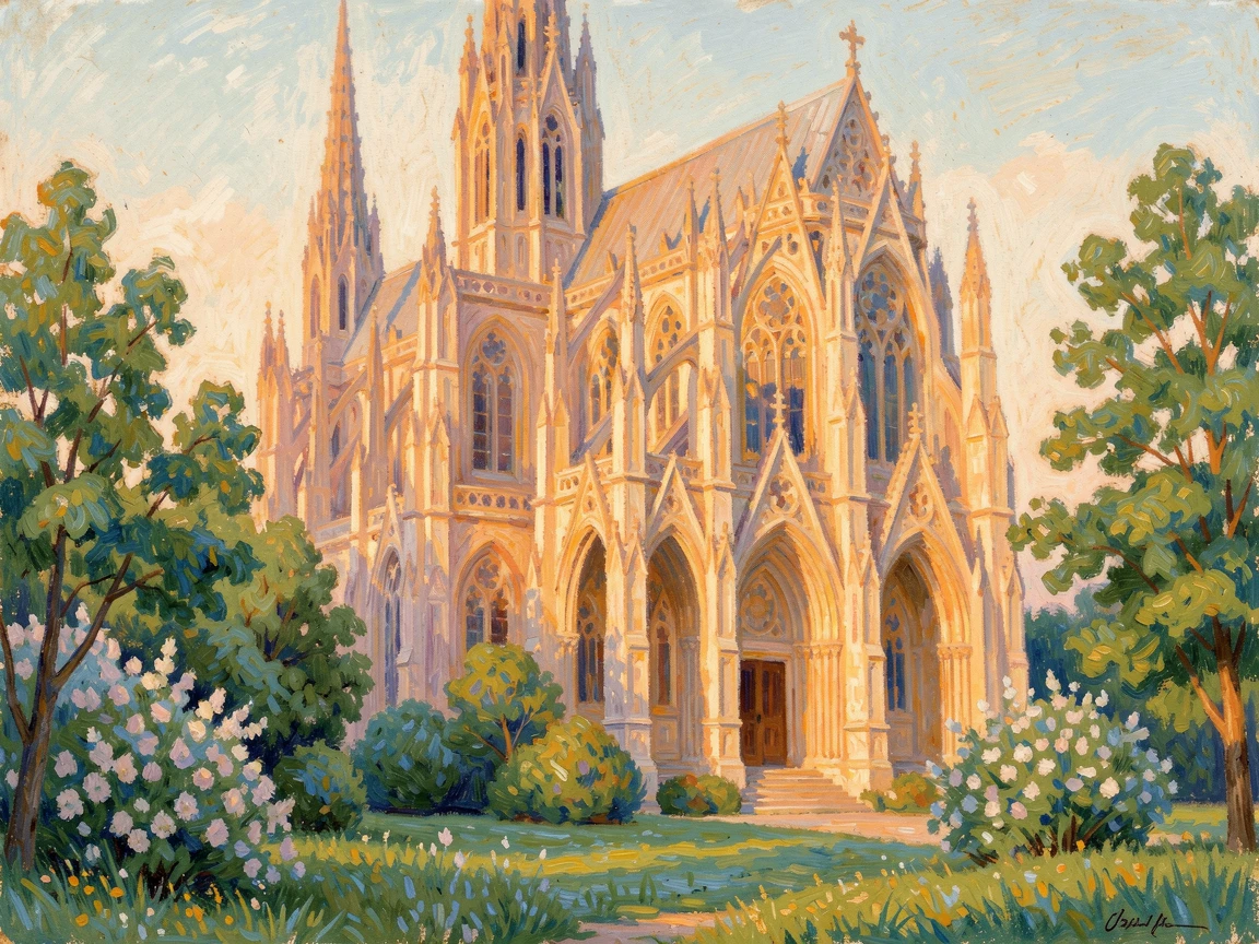 A dramatic Gothic cathedral facade illuminated by warm evening light, intricate carvings catching every shadow, in the lush green of midsummer, inspiring awe at the beauty of the scene.