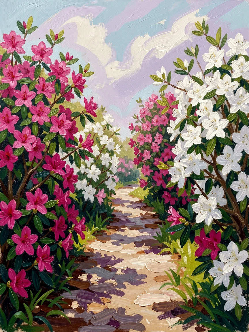 A springtime garden path lined with blooming azaleas in vivid pink and white.