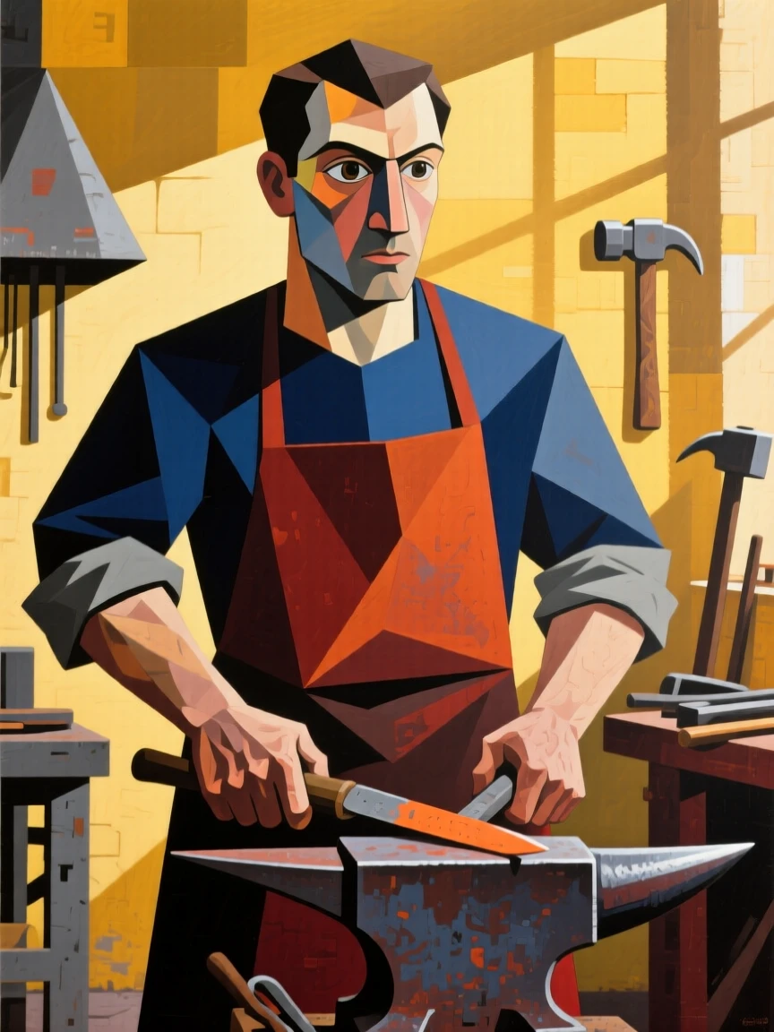 A medium shot portrait of a blacksmith in a sunlit workshop, focused and content in the craft.