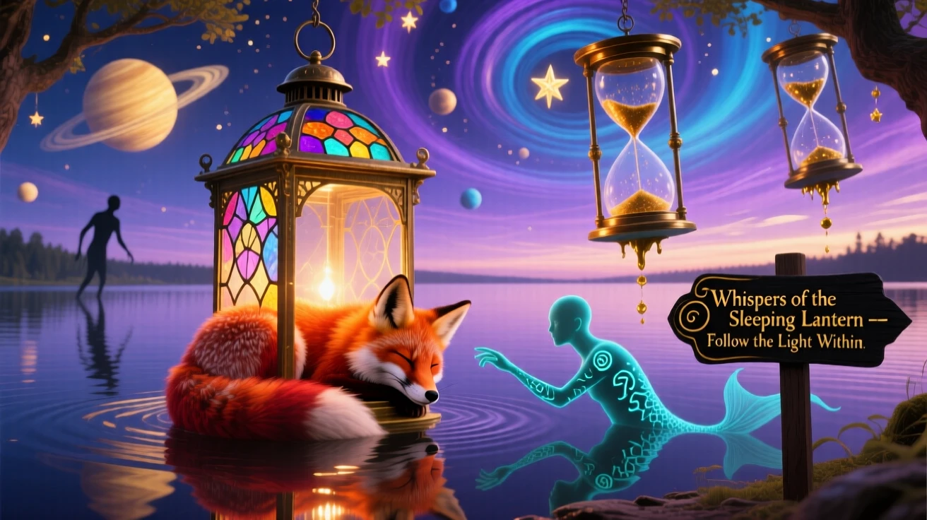 A fox curled asleep inside a giant glowing lantern pauses quietly at the edge of a still and glassy lake, while distant chimes seem to echo with each small movement.