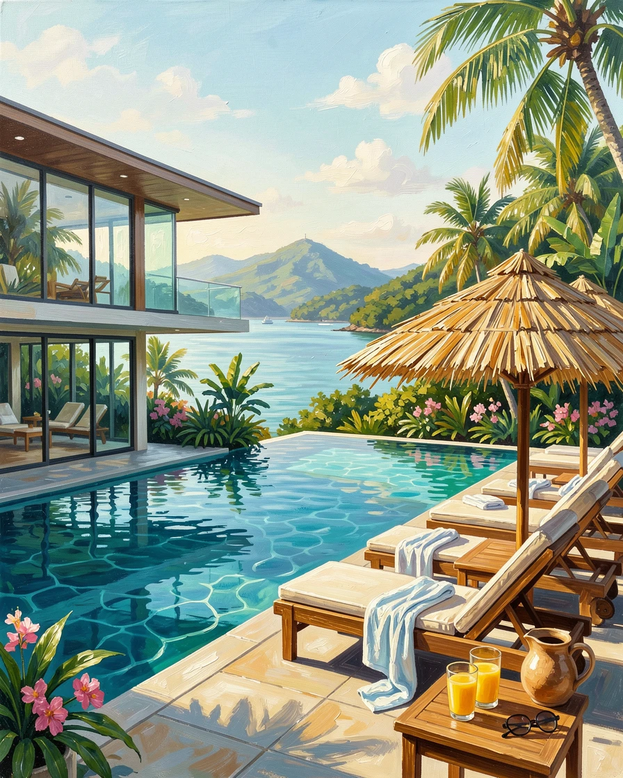 A luxurious infinity pool villa in Phuket overlooks a hidden bay, thatched umbrellas shading loungers beside crystal-clear turquoise water, the composition balancing grand scale with intimate, human-sized details throughout the frame.