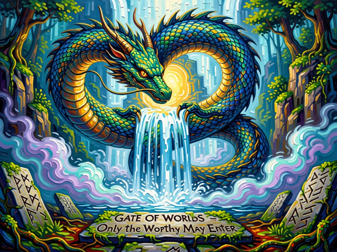 a serpent dragon coiled around a waterfall guarding the entrance to a hidden realm between worlds
