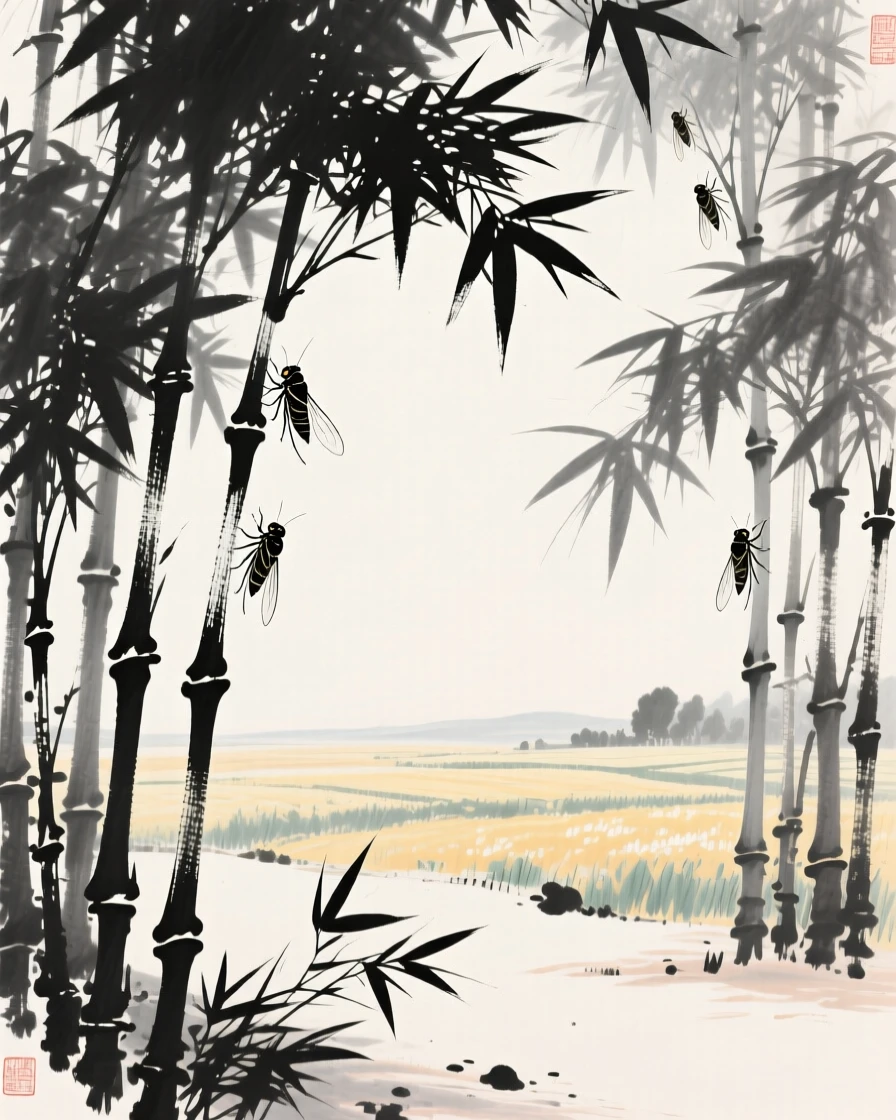 Cicadas fill the air with sound in a shaded bamboo grove, as heat shimmers faintly above the fields.