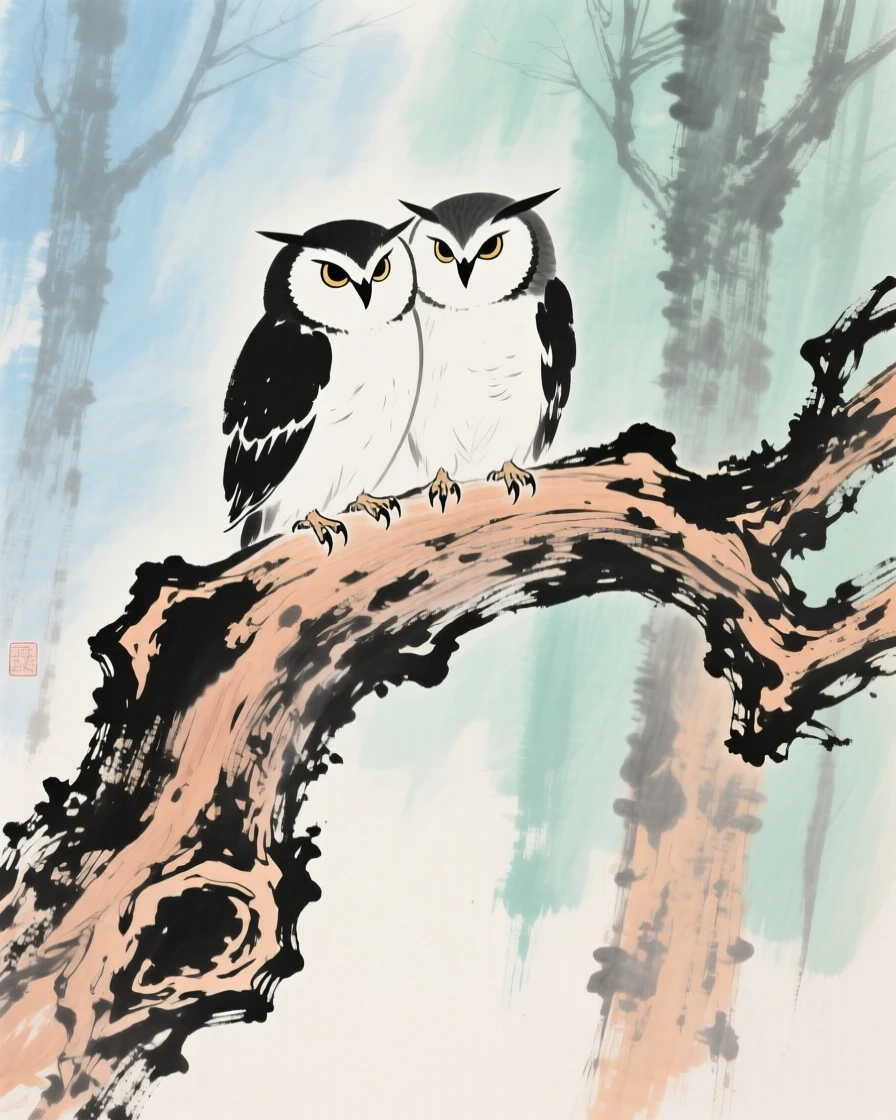 A pair of owls perched together on an old twisted branch, suffused with quiet joy.